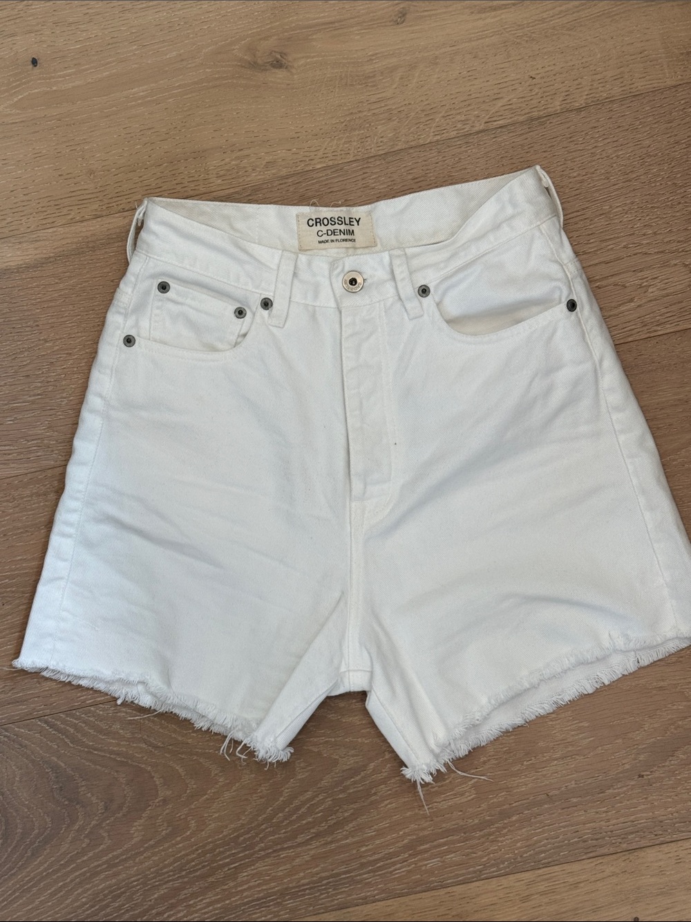 Crosley White High-Rise Frayed Hem Denim Shorts